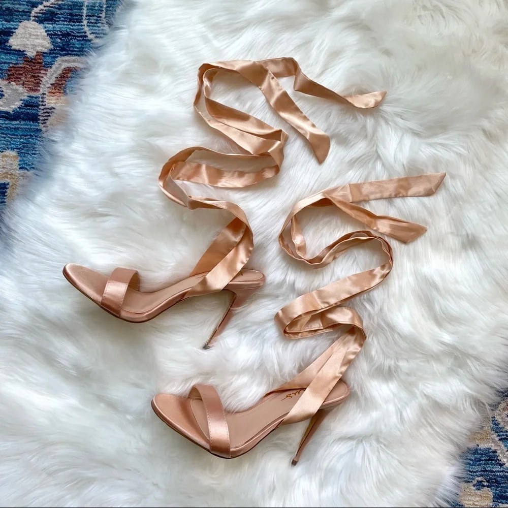 NIB Lulu’s Size 8 Champagne Gold Satin Lace-Up Stiletto Heel Sandals - Picture 2 of 10